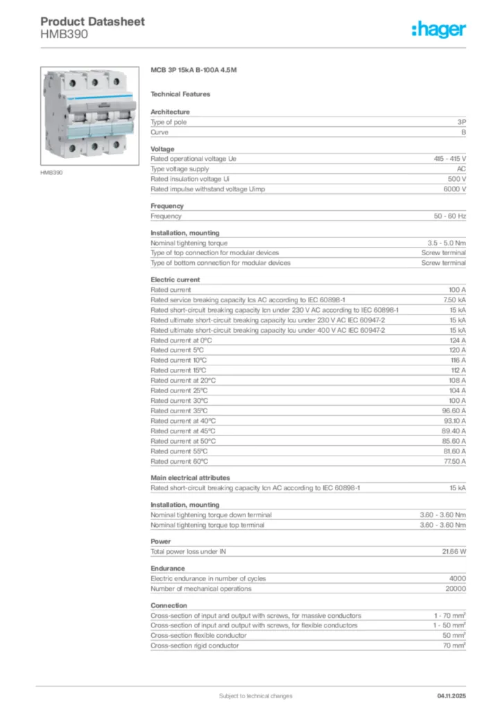 Image Hager Product data sheet HMB390  | Hager Africa