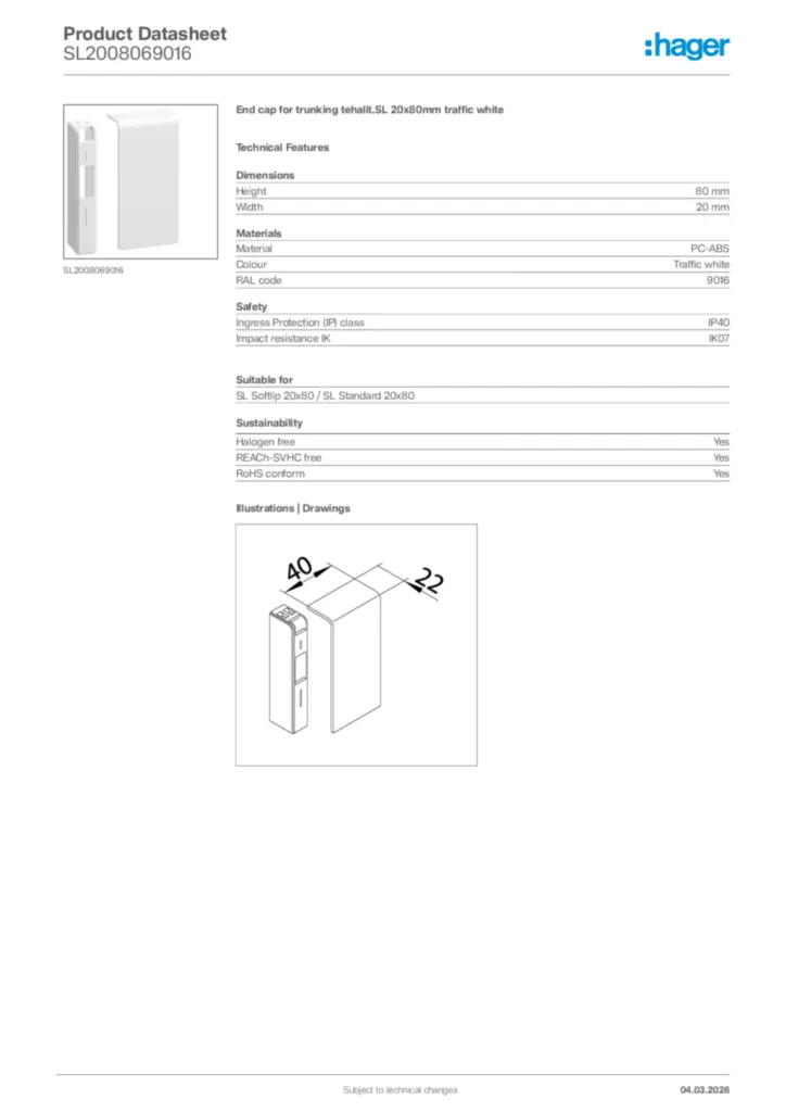 Image Hager Product data sheet SL2008069016  | Hager Africa