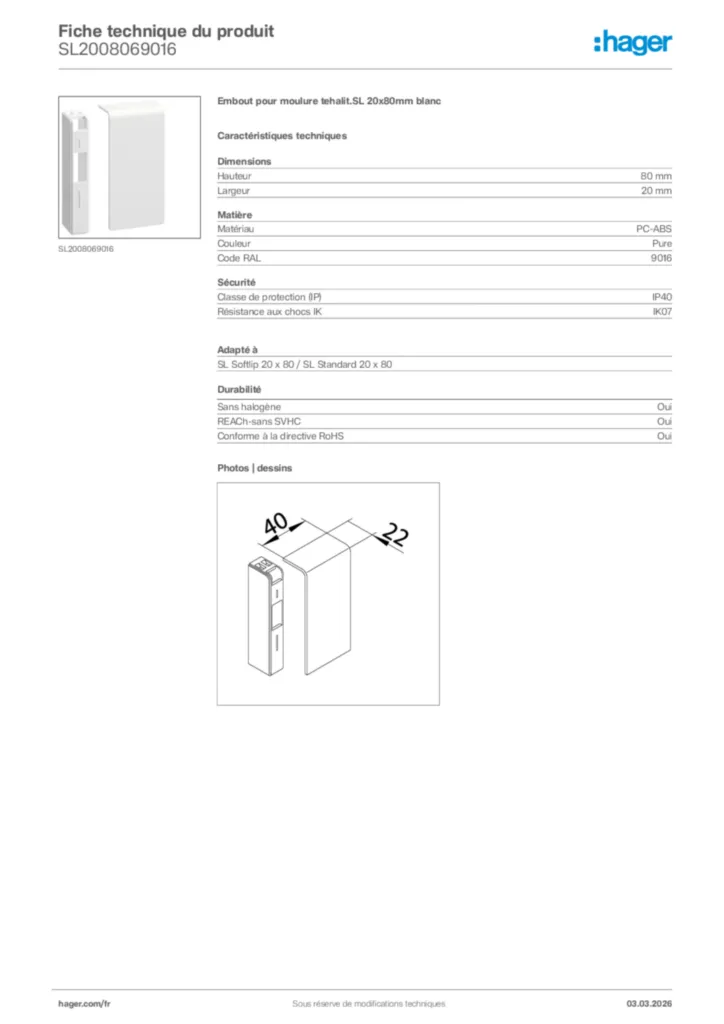 Image Hager Fiche technique du produit SL2008069016 | Hager France