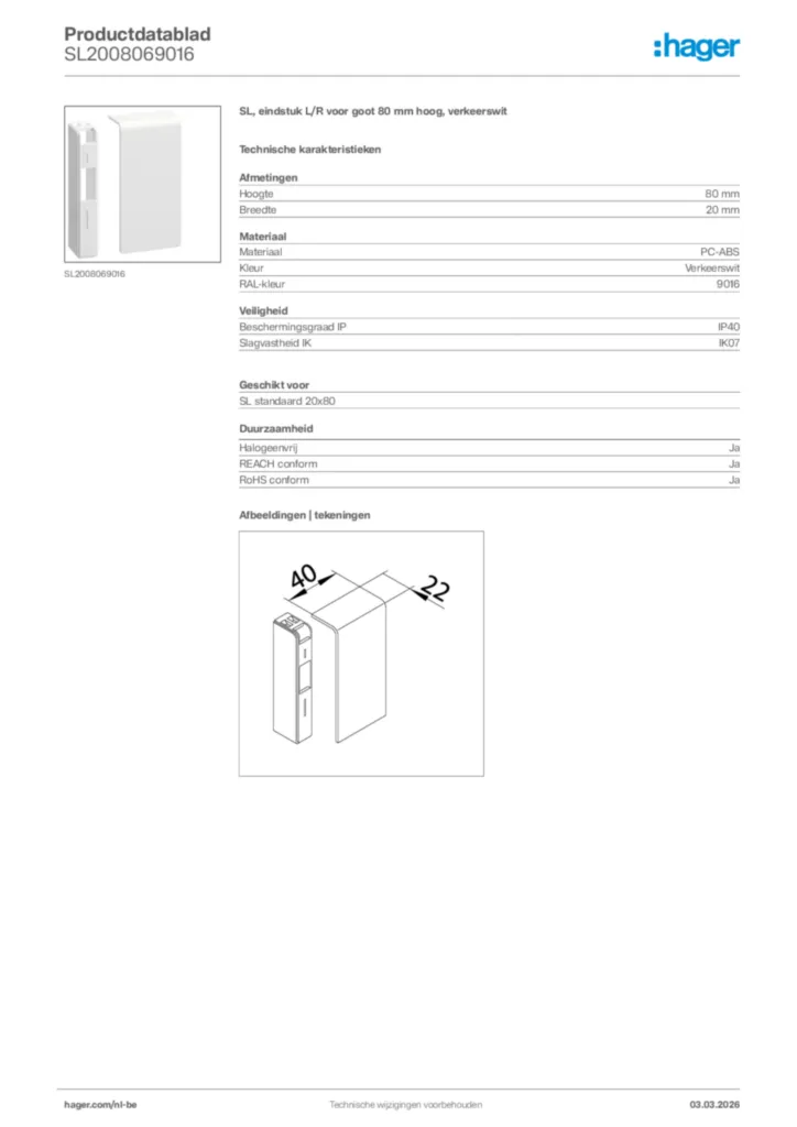 Afbeelding Hager Productdatablad SL2008069016 | Hager Belgium