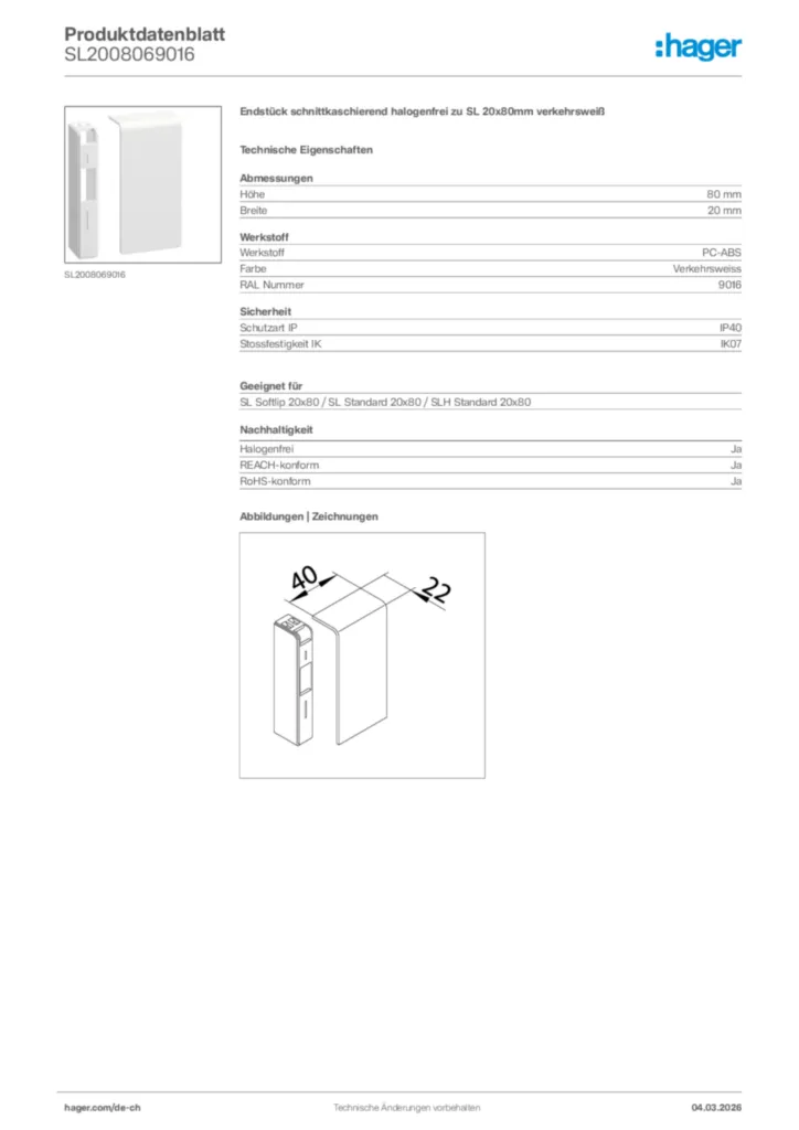 Bild Hager Produktdatenblatt SL2008069016 | Hager Schweiz