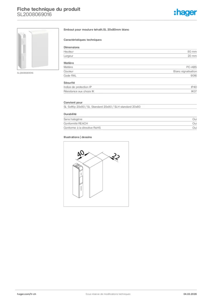 Image Hager Fiche technique du produit SL2008069016 | Hager Suisse