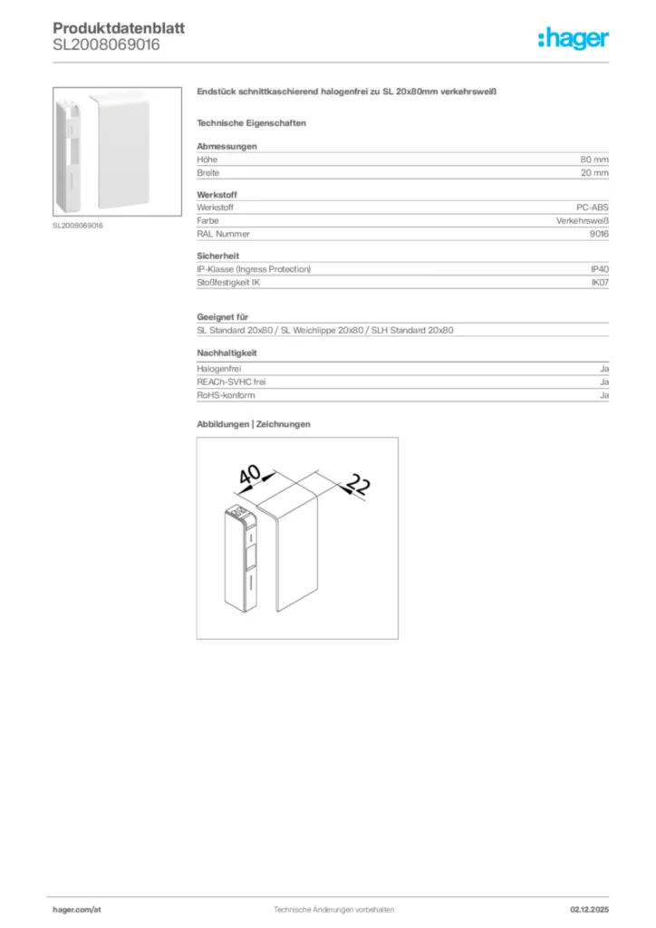 Bild Hager Produktdatenblatt SL2008069016 | Hager Deutschland