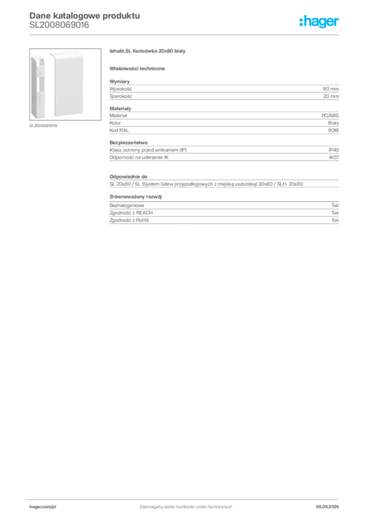 Zdjęcie Hager Dane katalogowe produktu SL2008069016 | Hager Polska