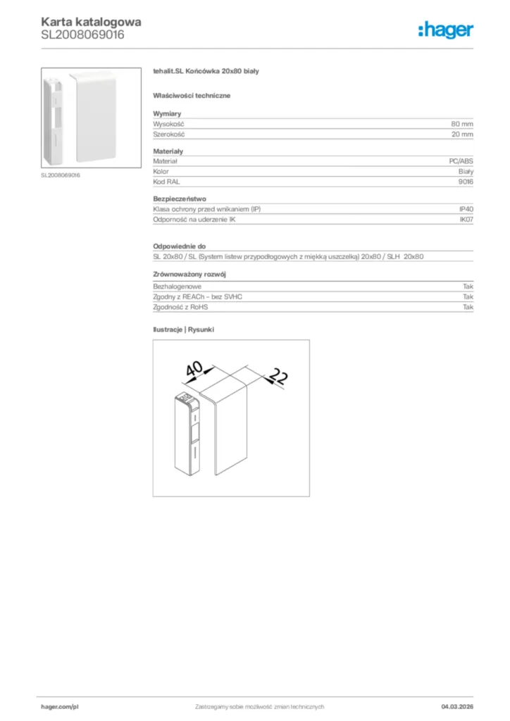 Zdjęcie Hager Karta katalogowa SL2008069016 | Hager Polska