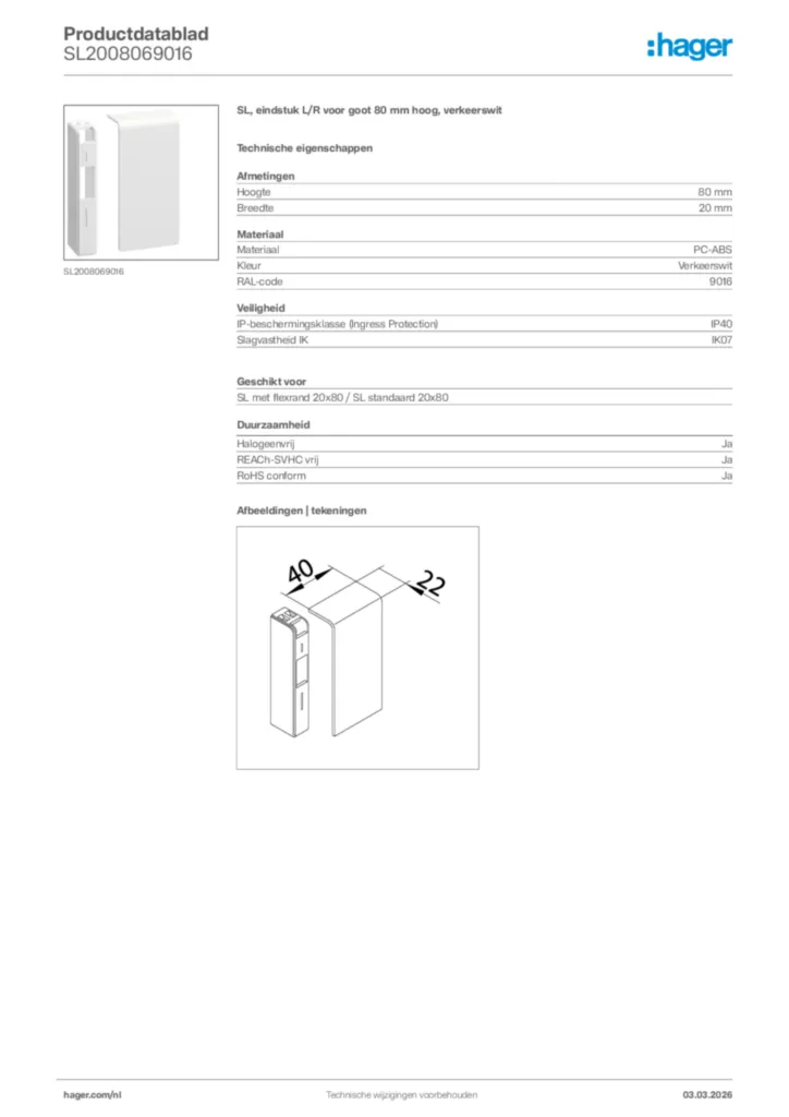 Afbeelding Hager Productdatablad SL2008069016 | Hager Nederland