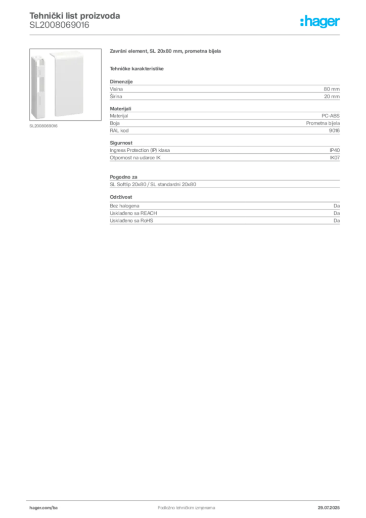 Slika Hager Product data sheet SL2008069016  | Hager