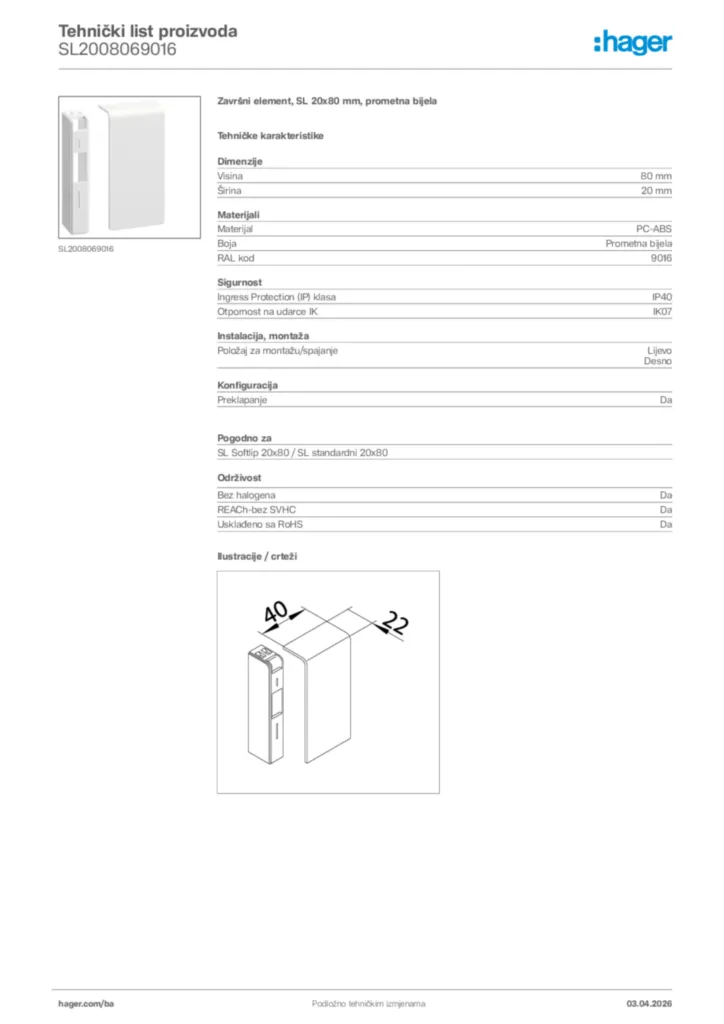 Slika Hager Tehnički list proizvoda SL2008069016  | Hager