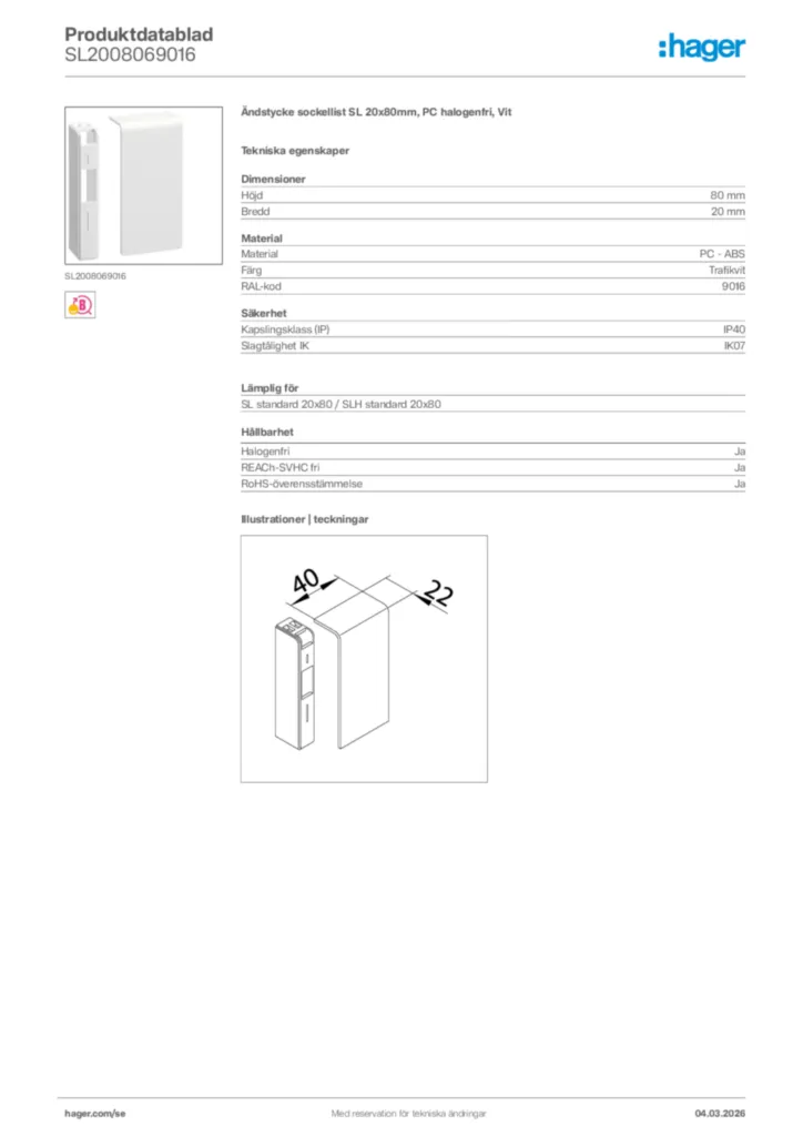 Bild Hager Produktdatablad SL2008069016 | Hager Sverige