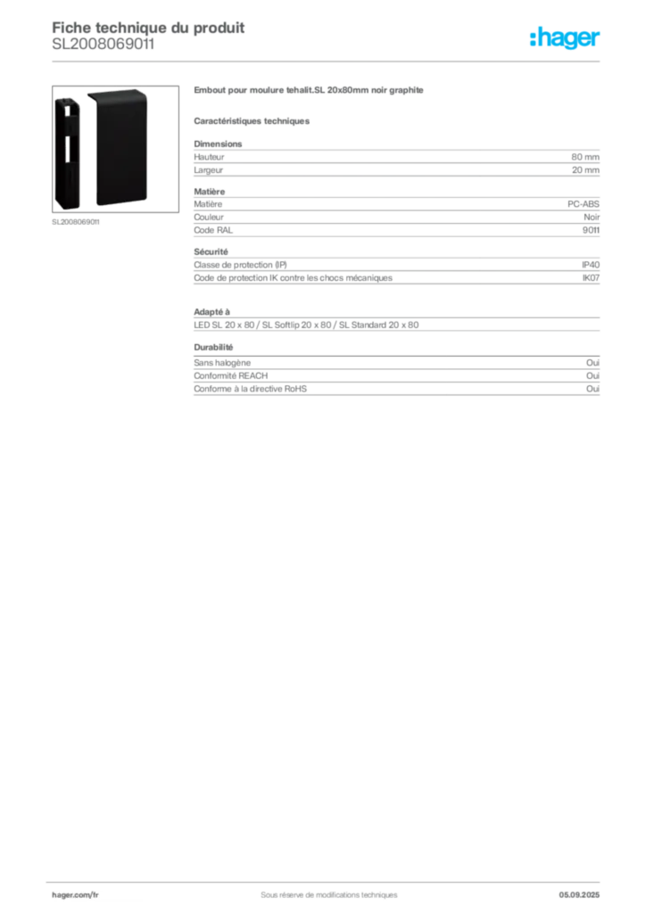 Image Hager Fiche technique du produit SL2008069011 | Hager France