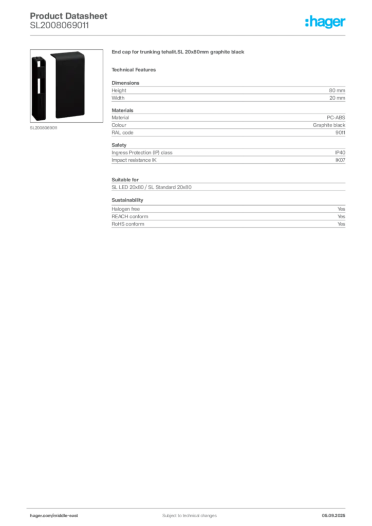 Image Hager Product data sheet SL2008069011  | Hager