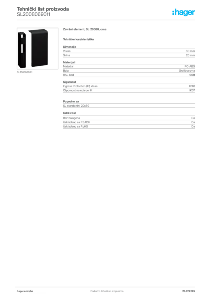 Slika Hager Product data sheet SL2008069011  | Hager