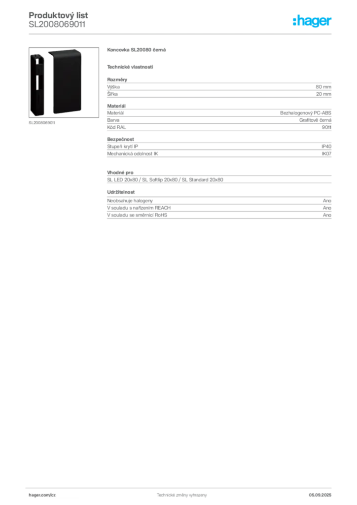 Obrázek Hager Produktový list SL2008069011 | Hager