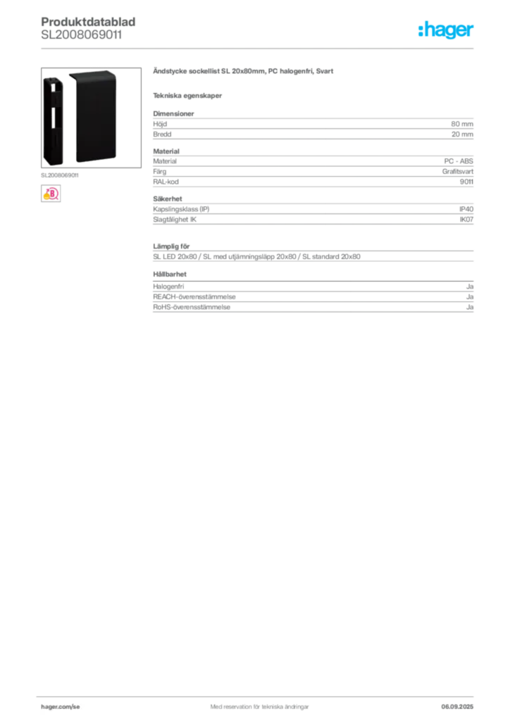 Bild Hager Produktdatablad SL2008069011 | Hager Sverige