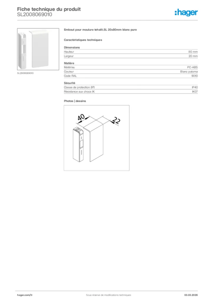 Image Hager Fiche technique du produit SL2008069010 | Hager France