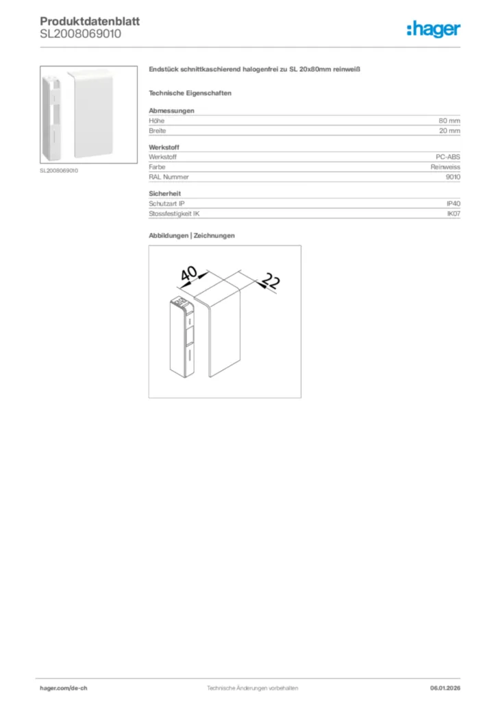 Bild Hager Produktdatenblatt SL2008069010 | Hager Schweiz