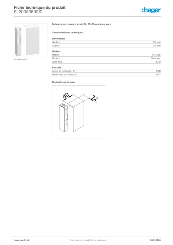 Image Hager Fiche technique du produit SL2008069010 | Hager Suisse