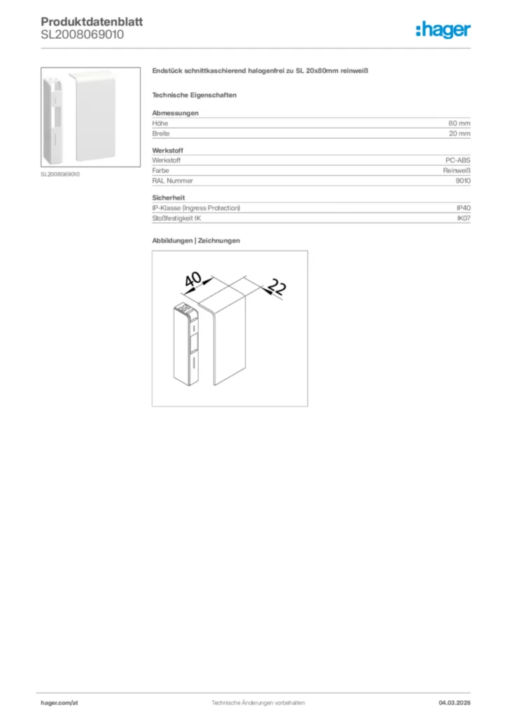 Bild Hager Produktdatenblatt SL2008069010 | Hager Deutschland