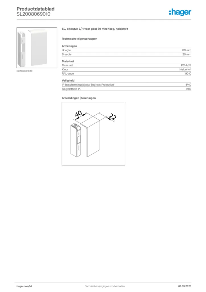 Afbeelding Hager Productdatablad SL2008069010 | Hager Nederland