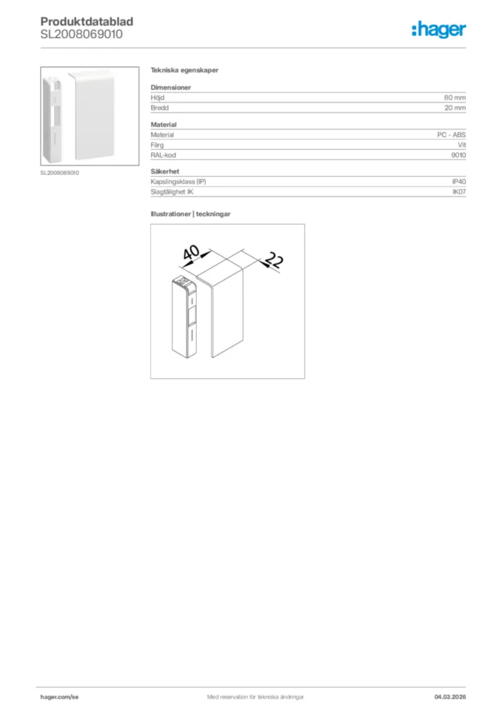Bild Hager Produktdatablad SL2008069010 | Hager Sverige
