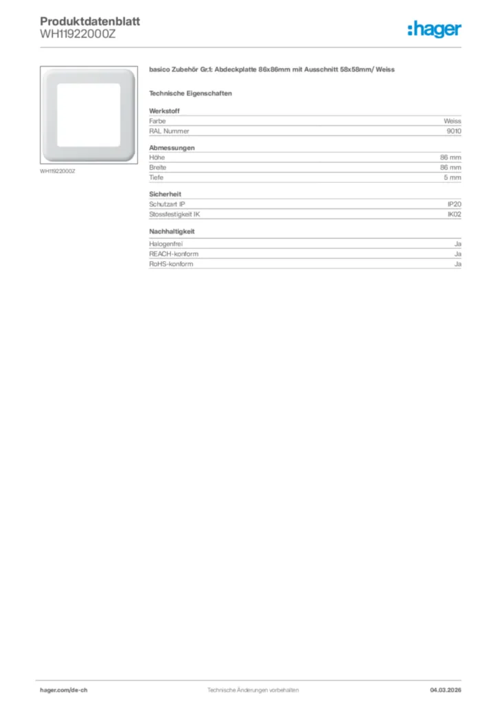 Bild Hager Produktdatenblatt WH11922000Z | Hager Schweiz