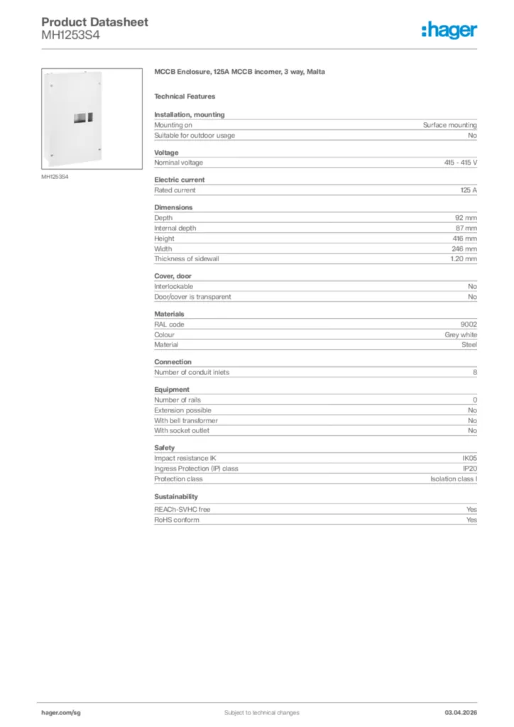 Image Hager Product data sheet MH1253S4  | Hager