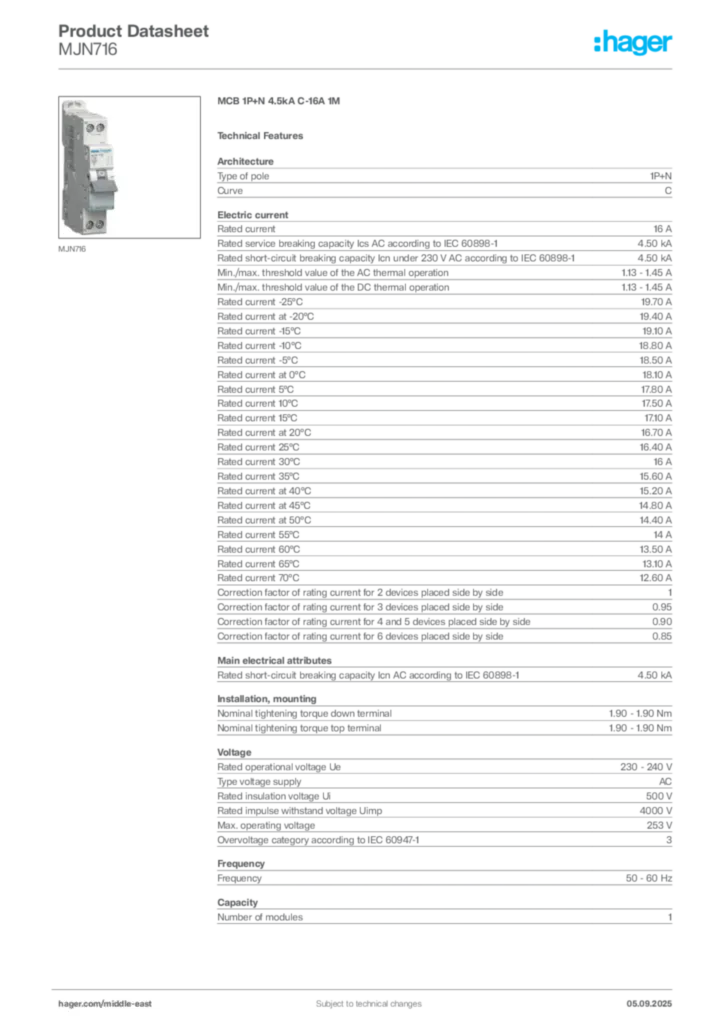 Image Hager Product data sheet MJN716  | Hager