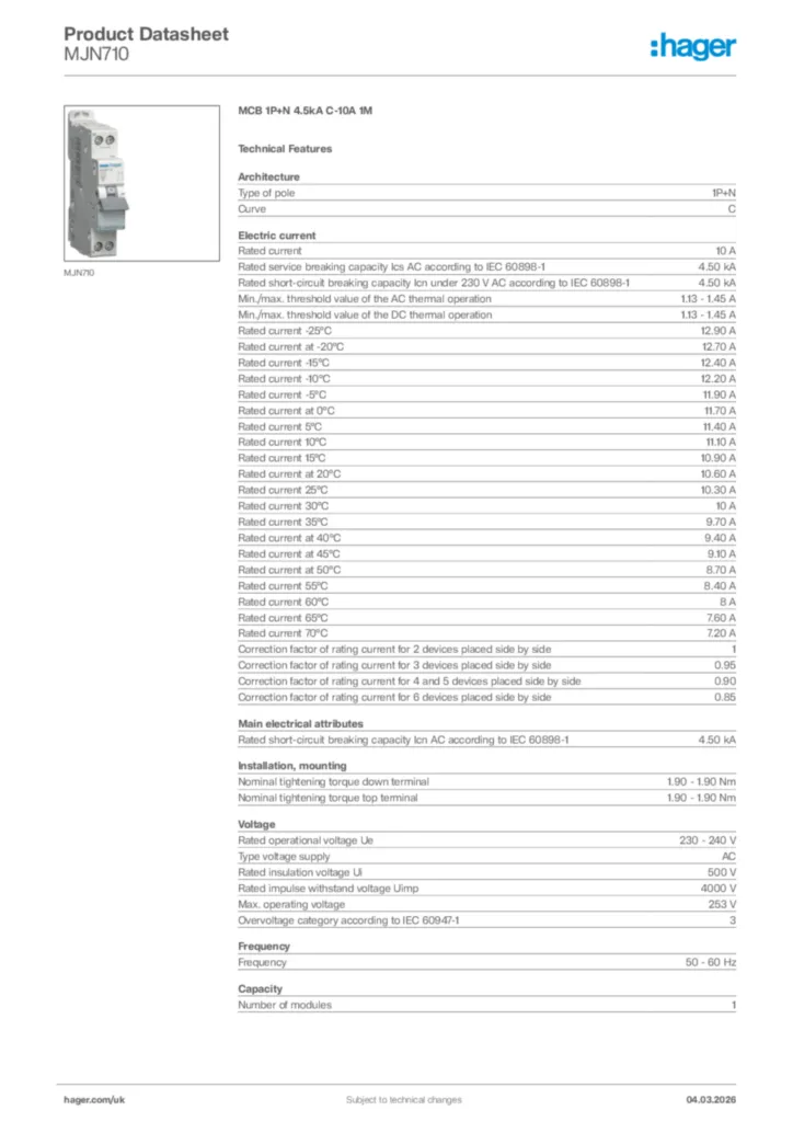 Image Hager Product data sheet MJN710  | Hager