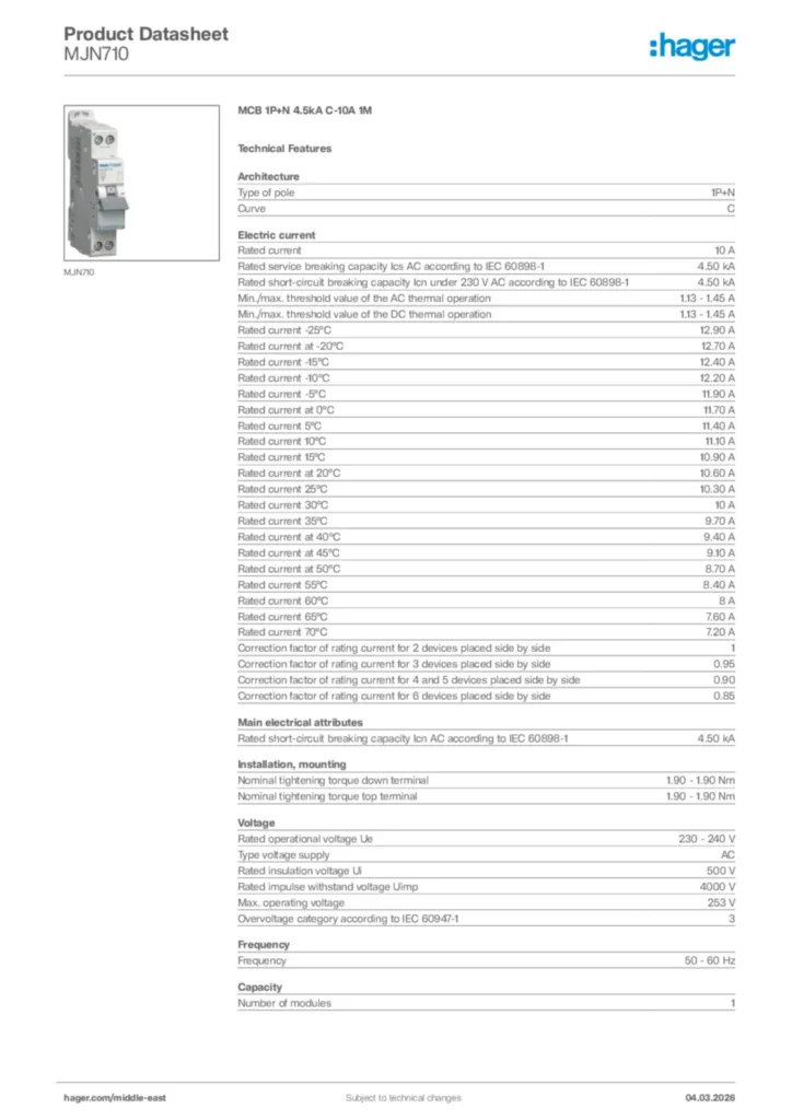 Image Hager Product data sheet MJN710  | Hager