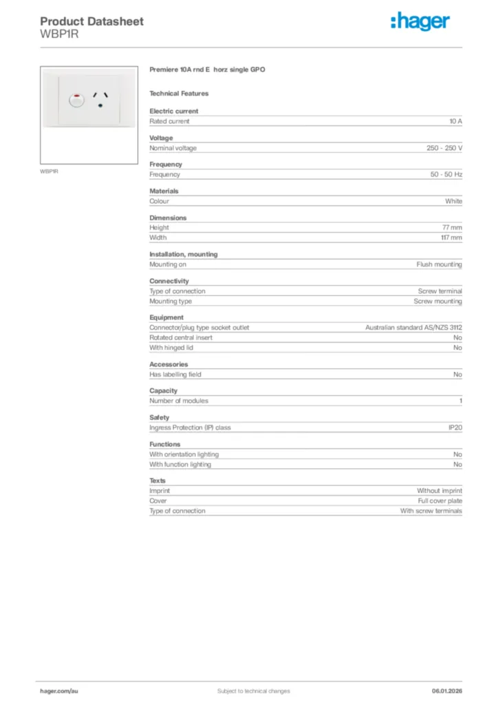 Image Hager Product data sheet WBP1R  | Hager Australia