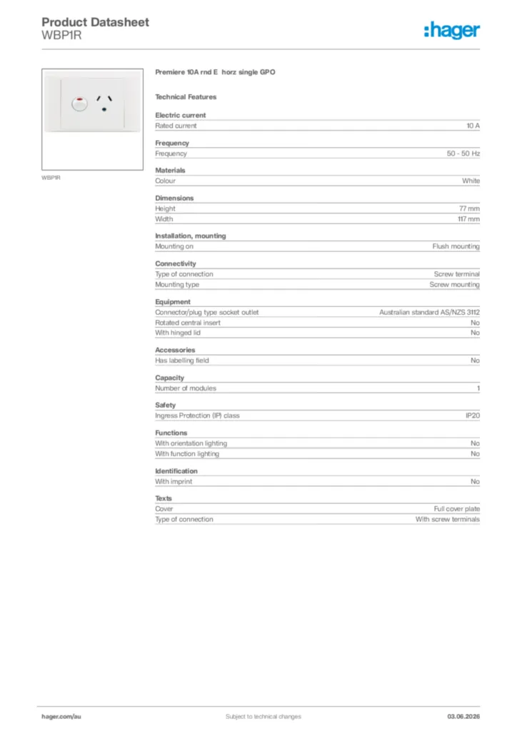 Image Hager Product data sheet WBP1R  | Hager Australia