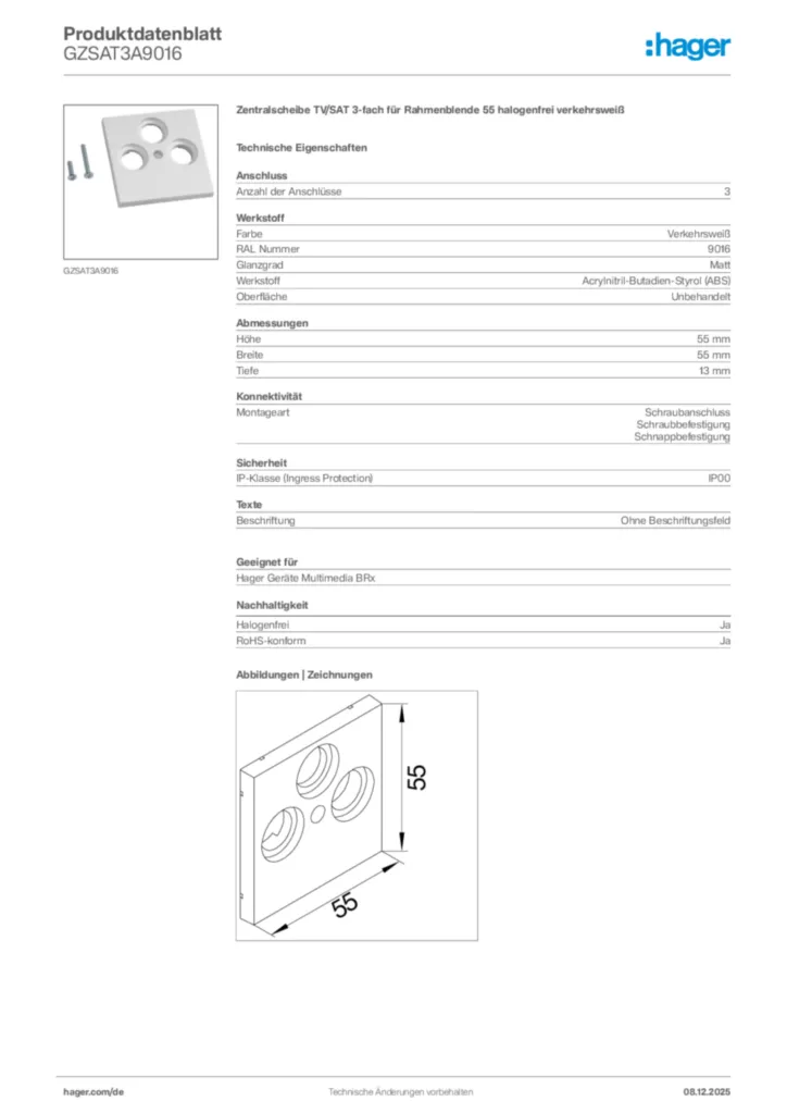 Hager Produktdatenblatt GZSAT3A9016