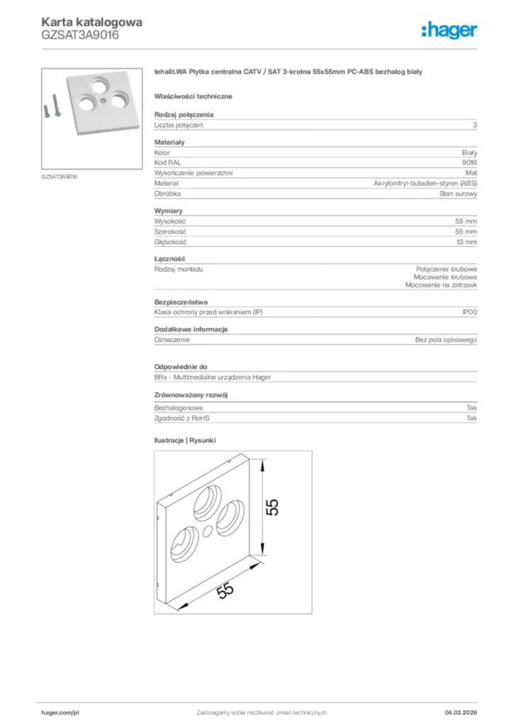 Zdjęcie Hager Karta katalogowa GZSAT3A9016 | Hager Polska