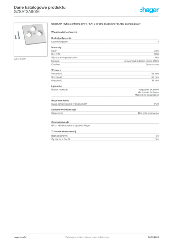 Zdjęcie Hager Dane katalogowe produktu GZSAT3A9016 | Hager Polska