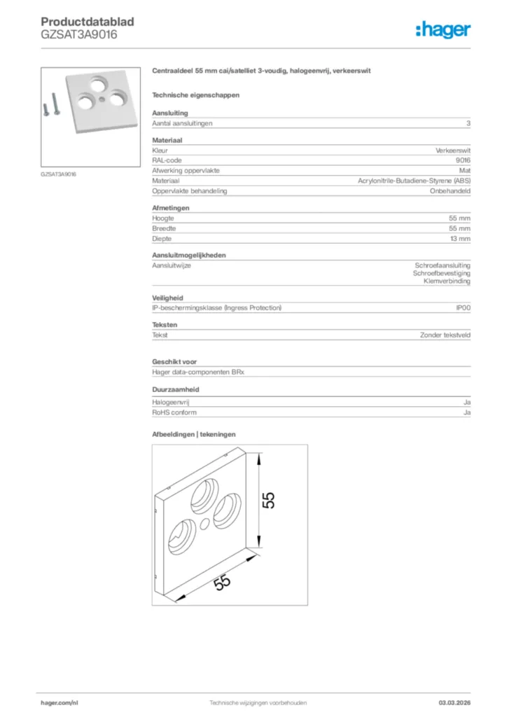 Afbeelding Hager Productdatablad GZSAT3A9016 | Hager Nederland