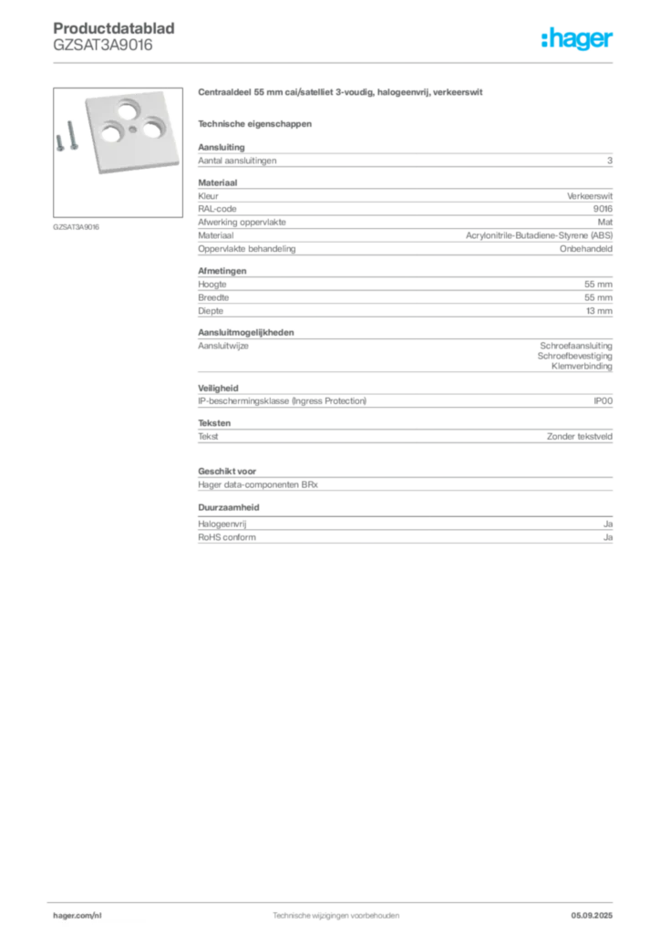 Afbeelding Hager Productdatablad GZSAT3A9016 | Hager Nederland