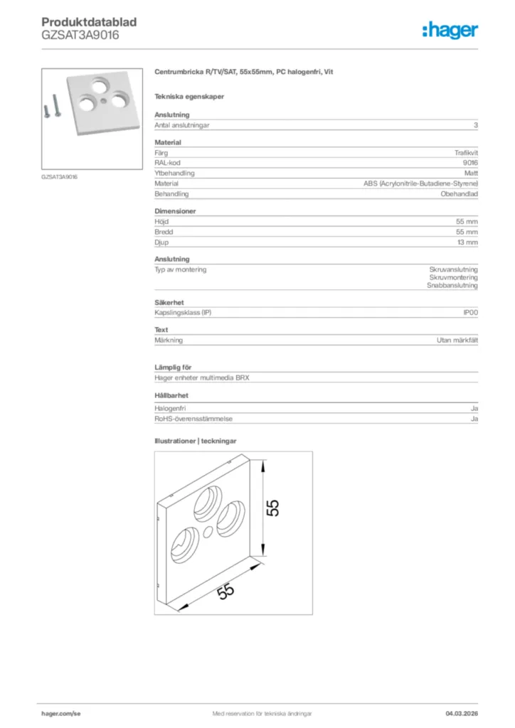 Bild Hager Produktdatablad GZSAT3A9016 | Hager Sverige