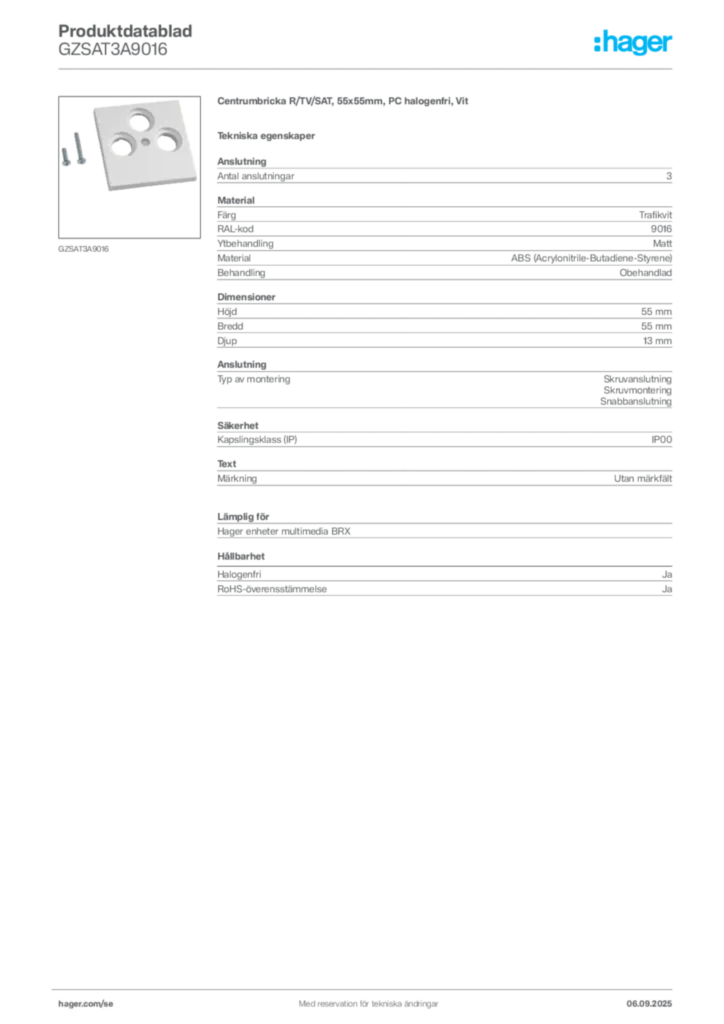 Bild Hager Produktdatablad GZSAT3A9016 | Hager Sverige