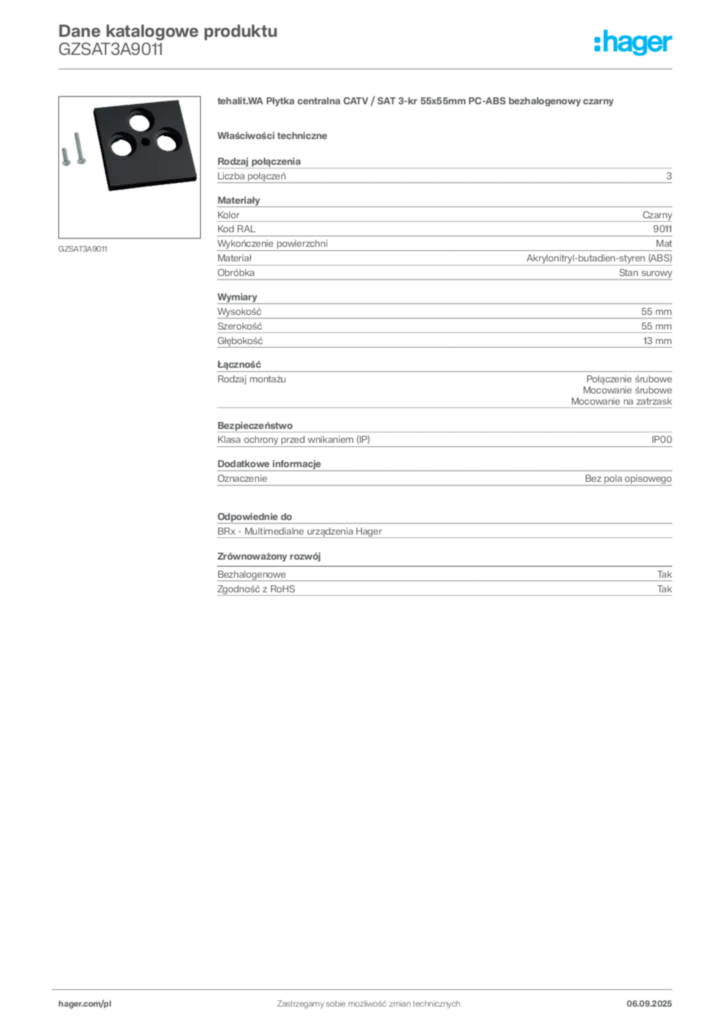 Zdjęcie Hager Dane katalogowe produktu GZSAT3A9011 | Hager Polska