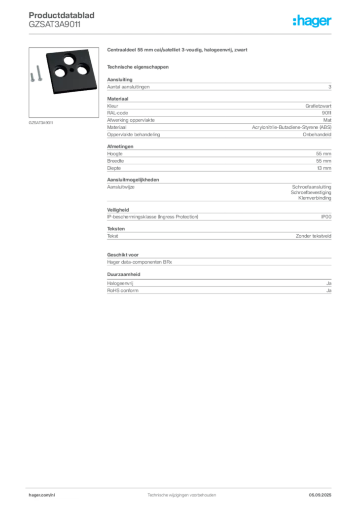 Afbeelding Hager Productdatablad GZSAT3A9011 | Hager Nederland