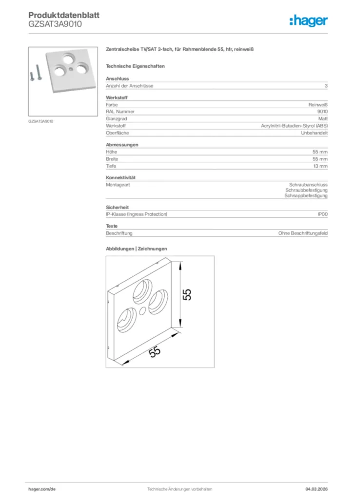 Bild Hager Produktdatenblatt GZSAT3A9010 | Hager Deutschland