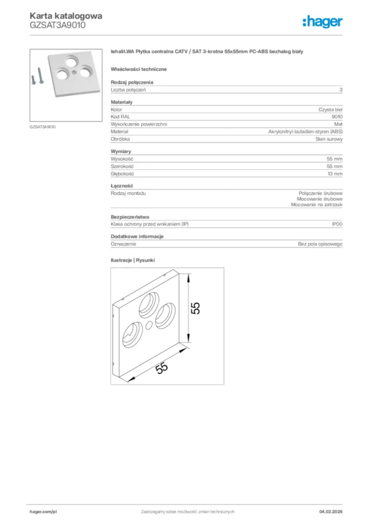 Zdjęcie Hager Karta katalogowa GZSAT3A9010 | Hager Polska