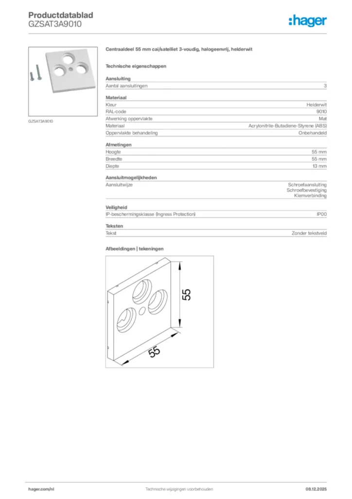 Afbeelding Hager Productdatablad GZSAT3A9010 | Hager Nederland