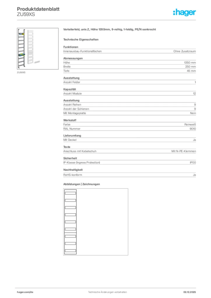 Bild Hager Produktdatenblatt ZU59XS | Hager Deutschland