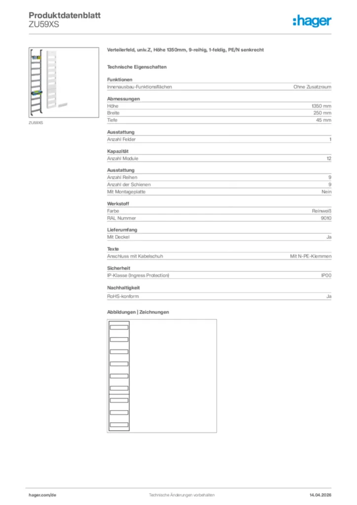 Bild Hager Produktdatenblatt ZU59XS | Hager Deutschland