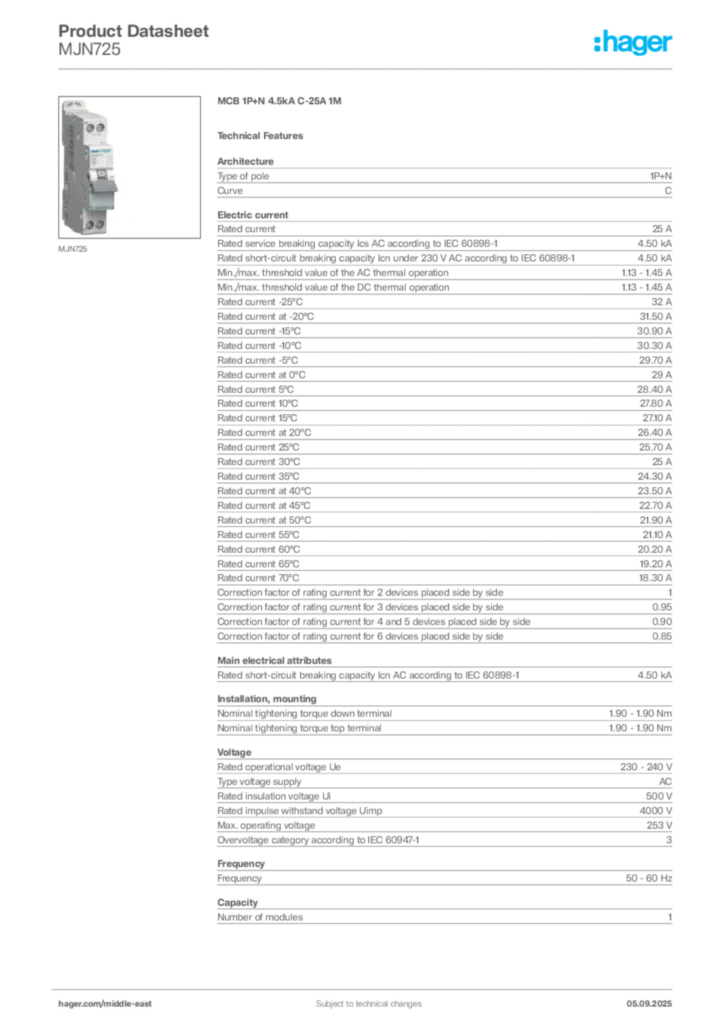 Image Hager Product data sheet MJN725  | Hager