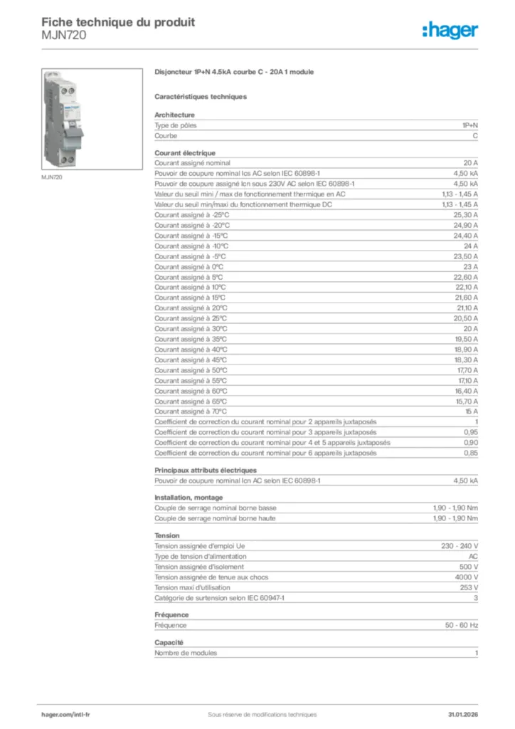 Image Hager Fiche technique du produit MJN720 | Hager Afrique
