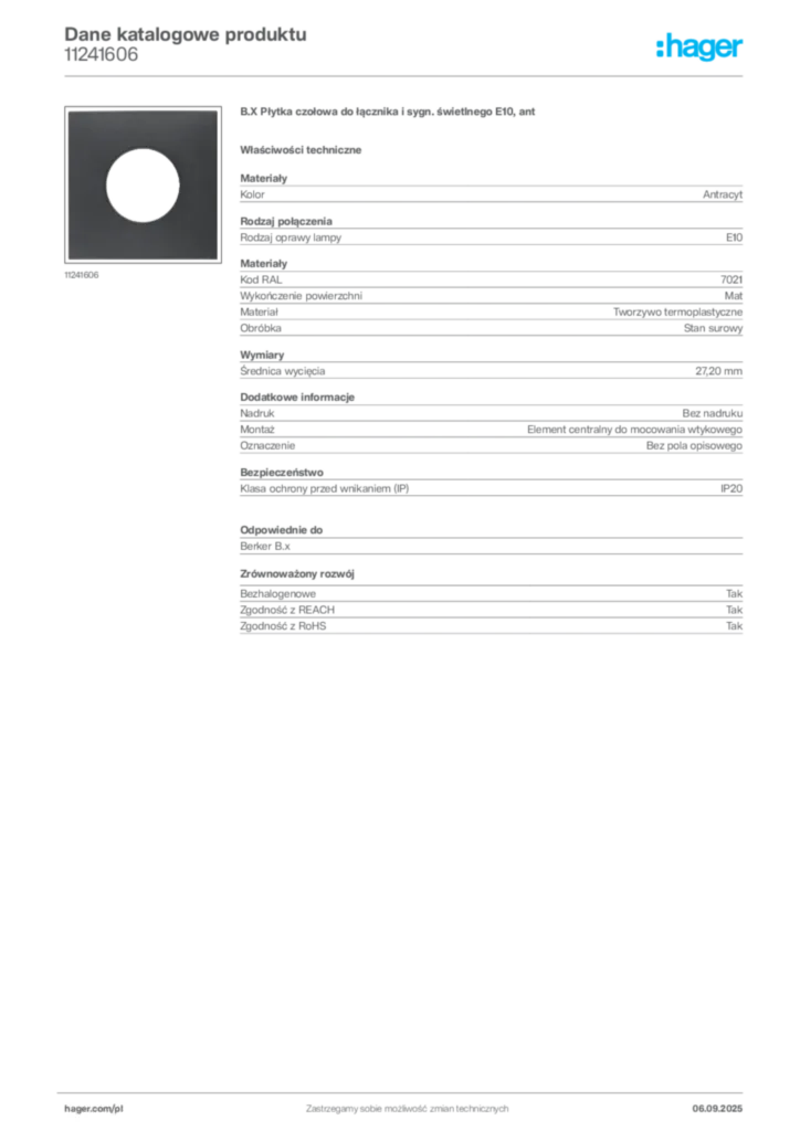 Zdjęcie Hager Dane katalogowe produktu 11241606 | Hager Polska