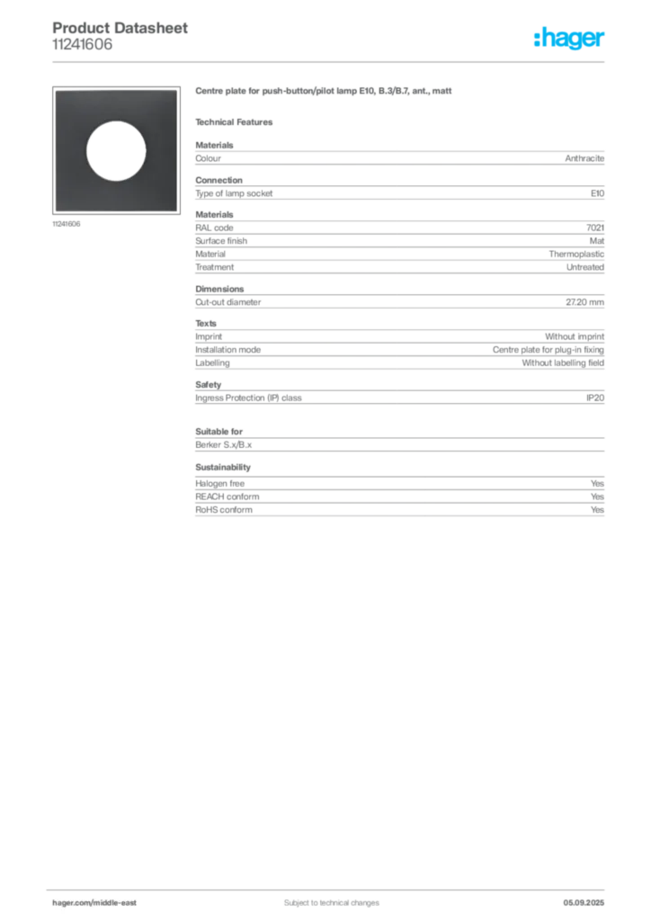 Image Hager Product data sheet 11241606  | Hager