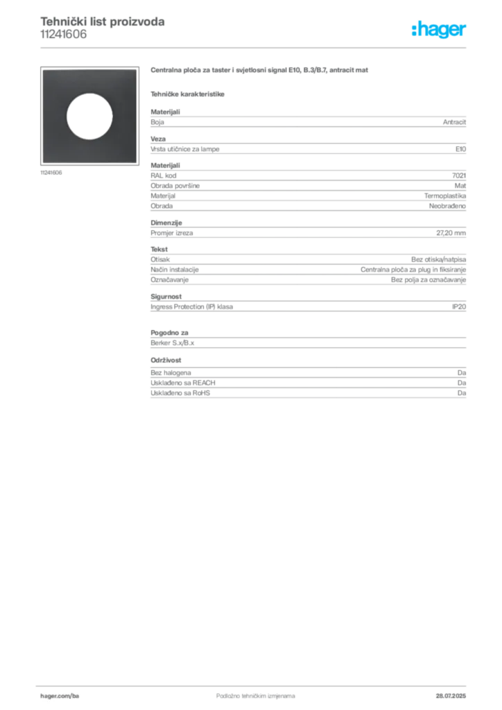 Slika Hager Product data sheet 11241606  | Hager